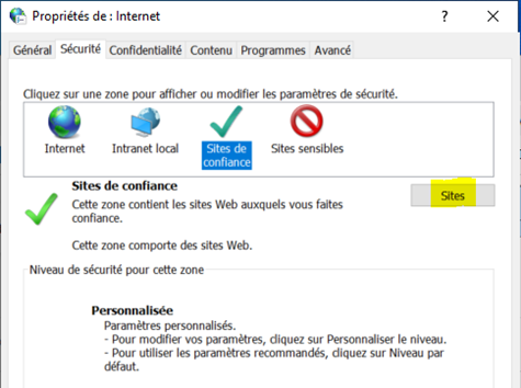 Bouton Sites mis en surbrillance après avoir cliqué sur Sites de confiance dans l'onglet Sécurité